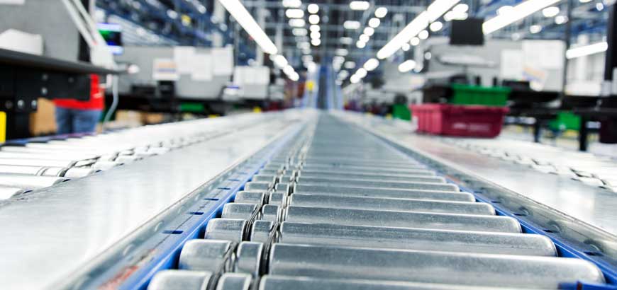 A closeup of a roller assembly line