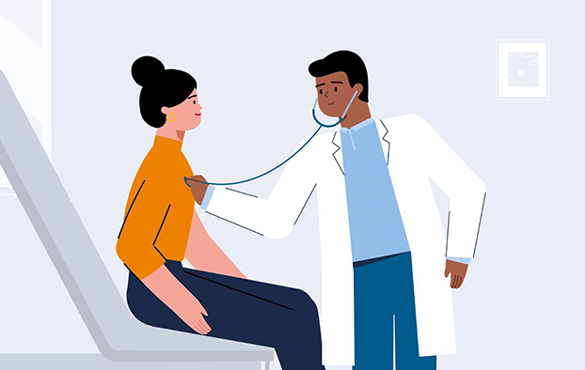 A drawing of a doctor checking a patient's heartbeat